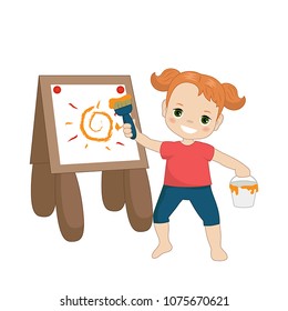 Vector illustration. Child is drawing in art class. Beautiful little girl.
