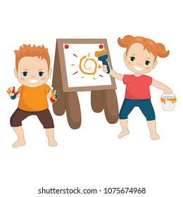Vector illustration. Child is drawing in art class. Beautiful little girl and boy.