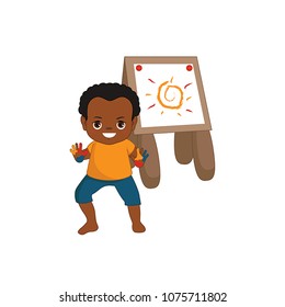 Vector illustration. Child is drawing in art class. Beautiful little boy.
