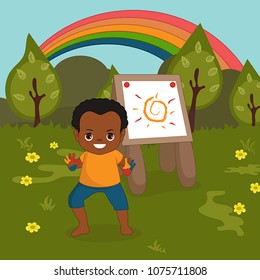 Vector illustration. Child is drawing in art class. Little boy. Beautiful summer landscape.