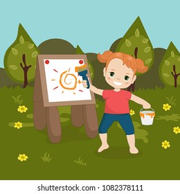 Vector illustration. Child is drawing in art class. Little girl. Beautiful summer landscape.