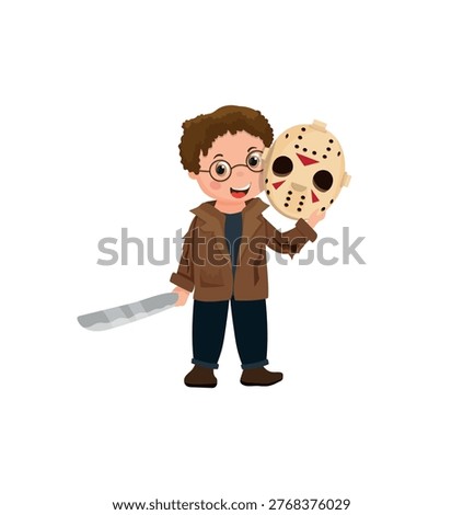 Vector illustration of a child dressed as a horror movie character, holding a hockey mask and a toy machete. 