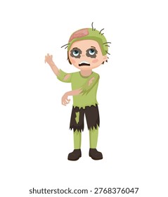 Ilustración vectorial de un niño vestido de zombie para Halloween, con ropas rotas y una expresión espeluznante. 