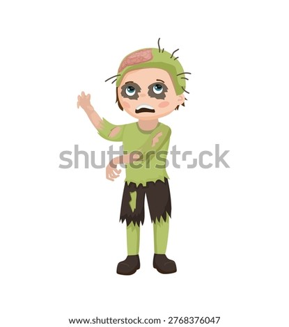 Vector illustration of a child dressed as a zombie for Halloween, with torn clothes and a spooky expression. 