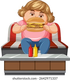 Vector illustration of a child eating a burger on a couch, vibrant colors, playful style, ketchup and mustard bottles on table