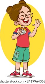 vector illustration of child eating hamburger