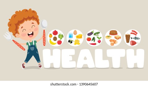 Vector Illustration Of Child Eating Healthy Food