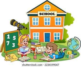 Vector Illustration of Child Education.kids discussing homework and reading books together.