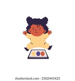 Vector illustration of a child enthusiastically playing with a gadget. A little girl is playing an educational app on a tablet, on a white background