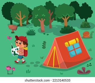Vector illustration of a child exploring at campsite.