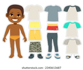 Vector illustration of child fashion outfit constructor game. Summer seasonal wardrobe
