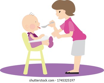 Vector Illustration of Child Feeding. Mother feeds the baby sitting in the highchair. Vector illustration of a flat design.