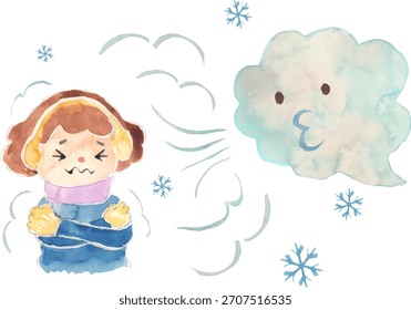 Ilustração vetorial de uma criança sentindo frio enquanto é soprada pelo vento norte