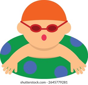 Vector illustration of a child floating in a swim ring at the pool. Perfect for summer-themed content, children's materials, vacation designs, or educational and seasonal graphics.