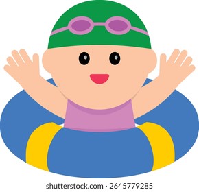Vector illustration of a child floating in a swim ring at the pool. Perfect for summer-themed content, children's materials, vacation designs, or educational and seasonal graphics.