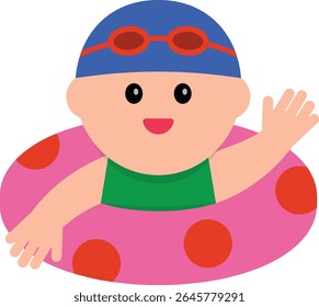 Vector illustration of a child floating in a swim ring at the pool. Perfect for summer-themed content, children's materials, vacation designs, or educational and seasonal graphics.