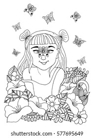 Vector illustration, the child in flowers on the nose to which sat down of butterfly. Work done by hand. Book Coloring anti-stress for adults and children. Black and white.