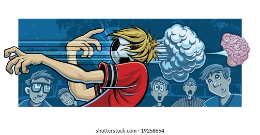 Vector Illustration Of A Child Getting His Brain Blasted Out Of His Head After A Soccer Ball Was Kicked Into His Face By Someone Who Obviously Doesn't Know Their Own Strength.