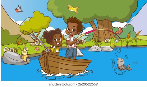 Vector illustration of a child, a girl and a boy fishing in a boat.