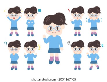 Vector illustration of child. Girl emotion. Happy, angry, crying, laughing, troubled, impatient. Various facial expressions and gestures. Icon set. 