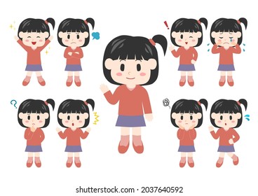 Vector illustration of child. Girl emotion. Happy, angry, crying, laughing, troubled, impatient. Various facial expressions and gestures. Icon set. 