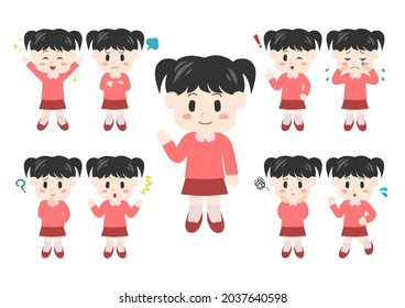 Vector illustration of child. Girl emotion. Happy, angry, crying, laughing, troubled, impatient. Various facial expressions and gestures. Icon set. 