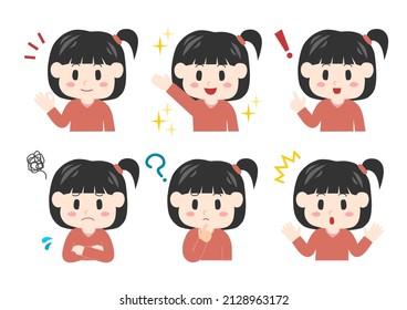 Vector illustration of child. Girl  expressions set. Vector illustration.