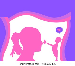 vector illustration of child giving mother a gift, sign of child's love to mother, happy mother's day, love you mom