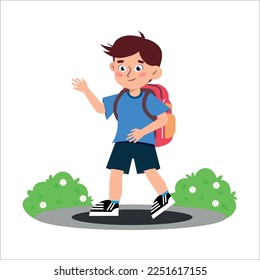 Vector illustration of a child going to school. A cartoon scene of a schoolboy waving to his friends isolated on a white background.