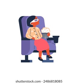 Ilustración vectorial con un niño mirando una película, usando gafas 3d y sosteniendo palomitas de maíz. Una niña está sentada en un sillón, inmersa en la magia del cine.