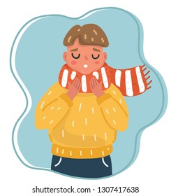 Vector illustration Child has got flu and is sneezing. Scarf on sore throat.