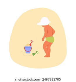 Ilustración vectorial de un niño en un sombrero con un cubo y una pala en la playa.