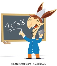 A vector illustration of a child with a hat with ears of a donkey makes a math wrong.