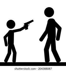 Vector , illustration. A child hold a gun and threatens a adult. 