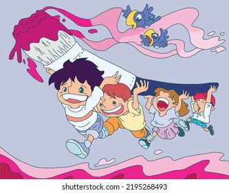vector illustration of a child holding a brush and paint