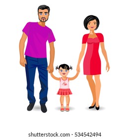 Vector Illustration. Child holding hands father and mother.