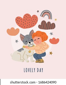 Vector illustration of a child hugging french bulldog puppy with clouds, stars, rainbows in cartoon hand drawn style isolated on pink. Kids postcard design of best friends. Dog owner with dog hugging