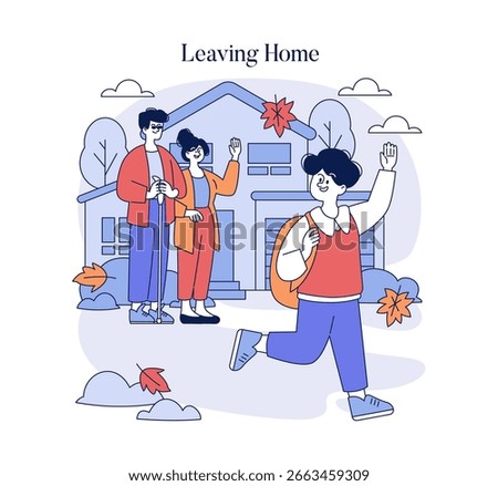 Vector illustration of a child joyfully waving goodbye to family in front of their house. Parents smiling as they see their child off, depicting a heartfelt family moment.
