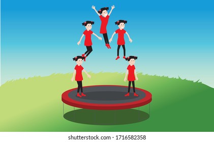Vector Illustration of a Child Jumping on Trampoline, Girl Playing Jump at Park