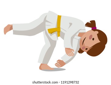 Vector Illustration Of A Child In Kimono. Tachi Waza Mae Ukemi. Suitable For Oriental Martial Arts Such As Aikido, Judo, Karate, Jiu-jitsu, Budo