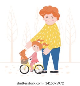 Vector illustration of a child learning to ride a bike. Father teaches daughter. Incomplete family. World Fathers Day. Cartoon characters for childrens books, cartoons.