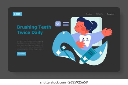 Vector illustration of a child lying in bed, contentedly holding a toothbrush and embracing a tooth-shaped pillow, promoting dental hygiene with the phrase "Brushing Teeth Twice Daily."