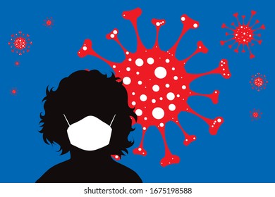 Vector illustration of child with medical mask spreading virus sign in air. Symbol of disease and coronavirus.