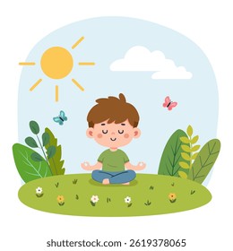 Ilustración vectorial de un niño meditando en la hierba en la naturaleza entre mariposas, plantas y cielo soleado. Gimnasia, deportes, estilo de vida saludable, meditación para niños