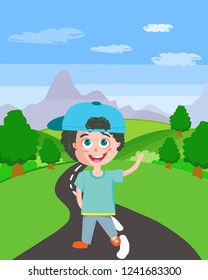 Vector illustration of child on road landscape