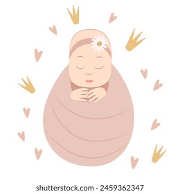 Ilustración vectorial de un niño sobre fondo blanco. Chica envuelta en un capullo. Para postales, pegatinas, pegatinas, etiquetas, carteles. 