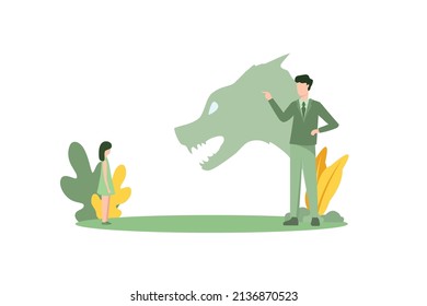 vector illustration of Child parent relationship, angry father shadow abuse young kid. Family problem, fight stress between sad girl daughter rabbit and father wolf at home. Domestic conflict.