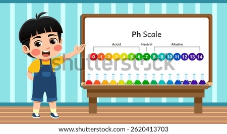 Vector illustration of a child with a PH scale theme and a classroom background