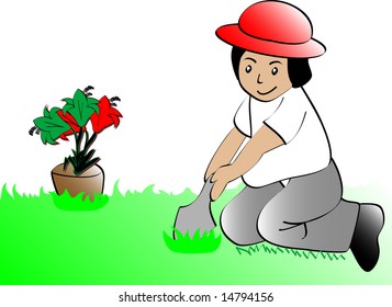 Vector illustration of a child planting
