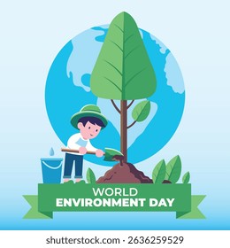 Vector illustration of a child planting a tree for World Environment Day.